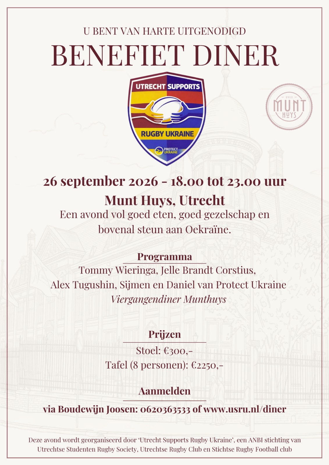 Uitnodiging Benefiet Diner USRU, 26 september 2026, Munt Huys Utrecht